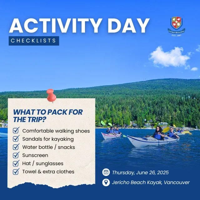 Are you ready to paddle? 🌿🚣‍♀️
This Thursday, June 26th, we’re heading out on an exciting adventure for our Spring 2025 Activity Day — a treetop walk at the UBC Botanical Garden followed by kayaking at Jericho Beach! 🎉🌊
👉Make sure you’re packed and prepared:
✅ Comfortable walking shoes (and socks)
✅ Water shoes or sandals for kayaking
✅ Water bottle & snacks
✅ Sunscreen or sun lotion
✅ Sunglasses (with a strap)
✅ Towel
✅ Extra change of clothes
Safety first — and don’t forget to have fun and enjoy the day with your classmates! 🌞🌊🌲
#ActivityDay2025 #JerichoBeachKayak #UBCBotanicalGarden #StudentAdventure #OutdoorFun #PattisonHighSchool #KayakingTrip #SpringTermEvents #GetOutside #SchoolLifeCanada